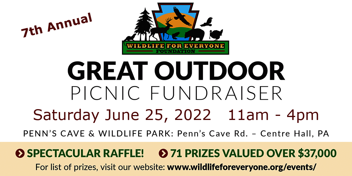 Announcement for the 7th annual Great Outdoor Picnic fundraiser for Wildlife for Everyone Saturday June 25, 2022 from 11am to 4pm at Penns Cave